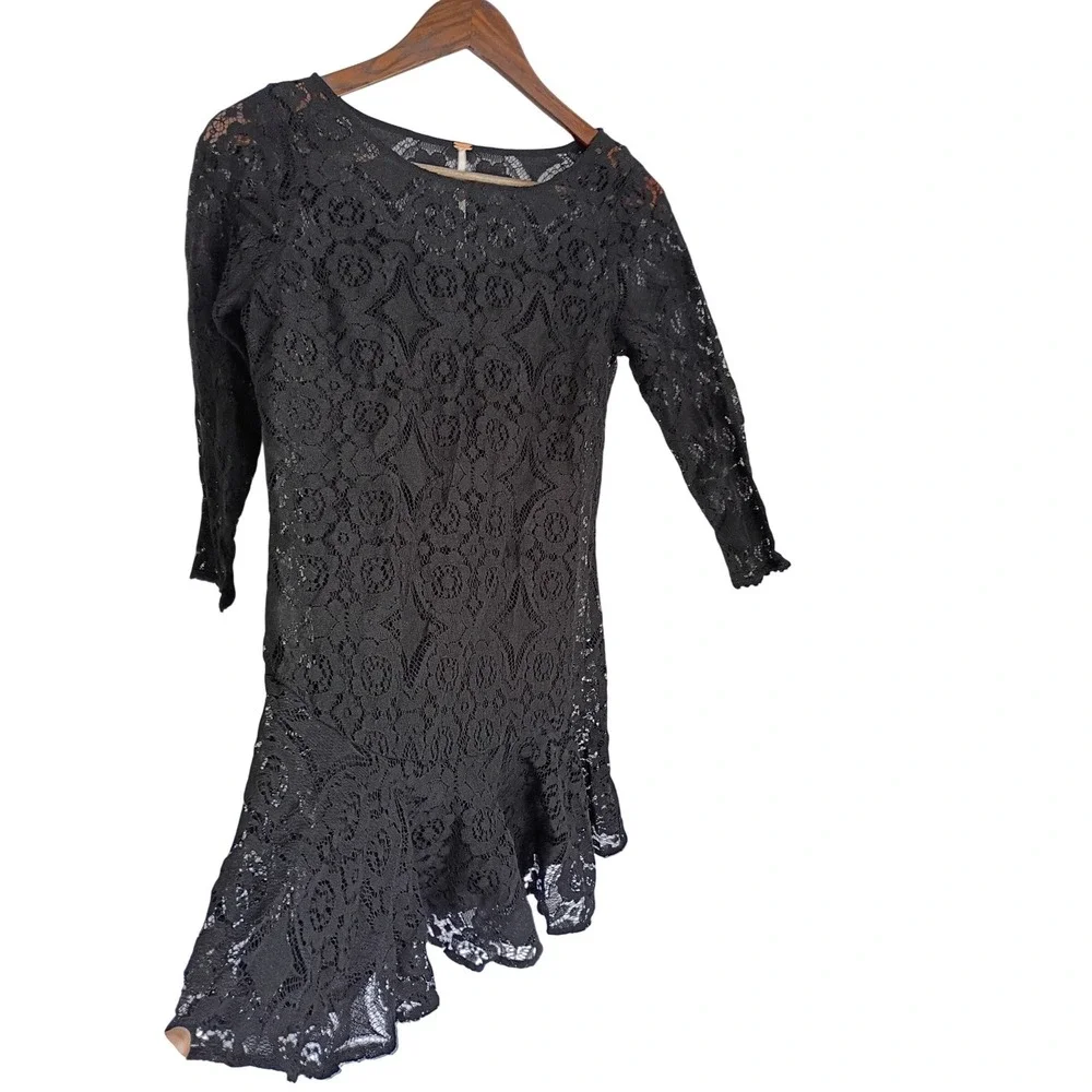 Free People Coquette Black Floral Lace Ruffle Hem Mini Dress 3/4 Sleeve S